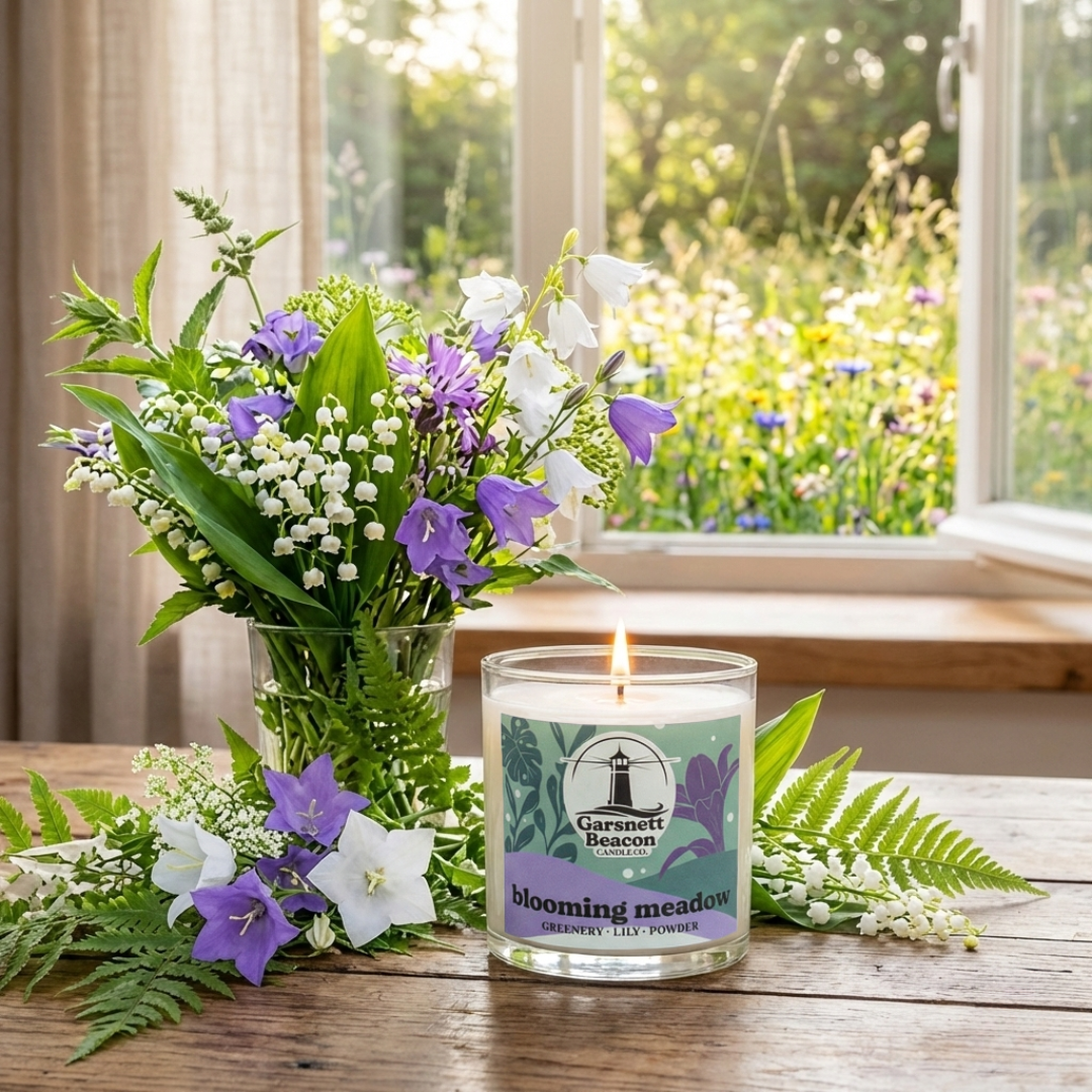 Candle labeled 'Blooming Meadow' with a bouquet of flowers on a windowsill.