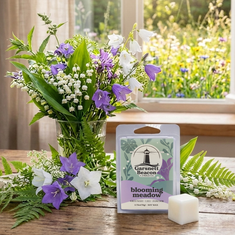 Bouquet of flowers with a 'Garsnett Beacon' wax melt on a wooden surface, window in the background