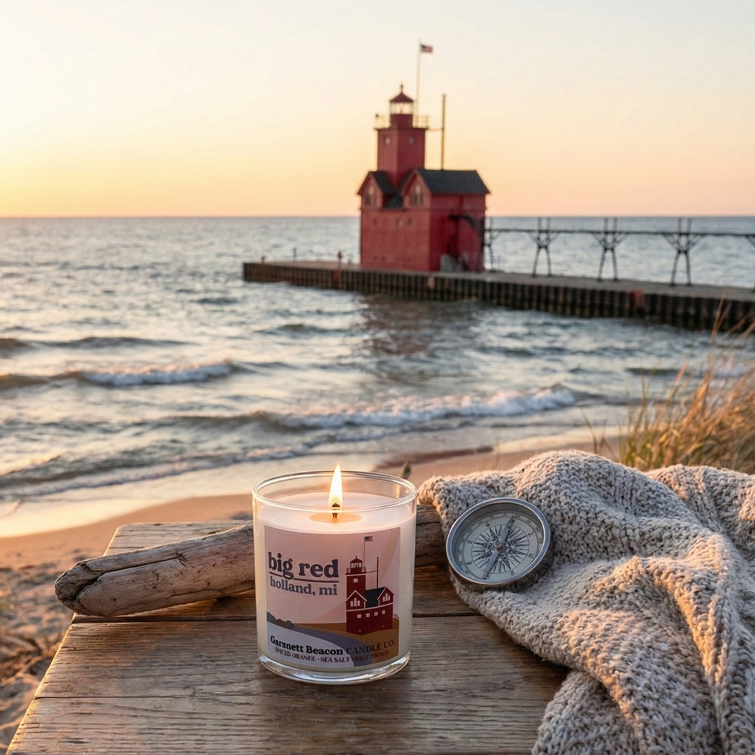 Big Red Lighthouse Holland Michigan Candle - Spiced Orange, Sea Salt, Driftwood Scent