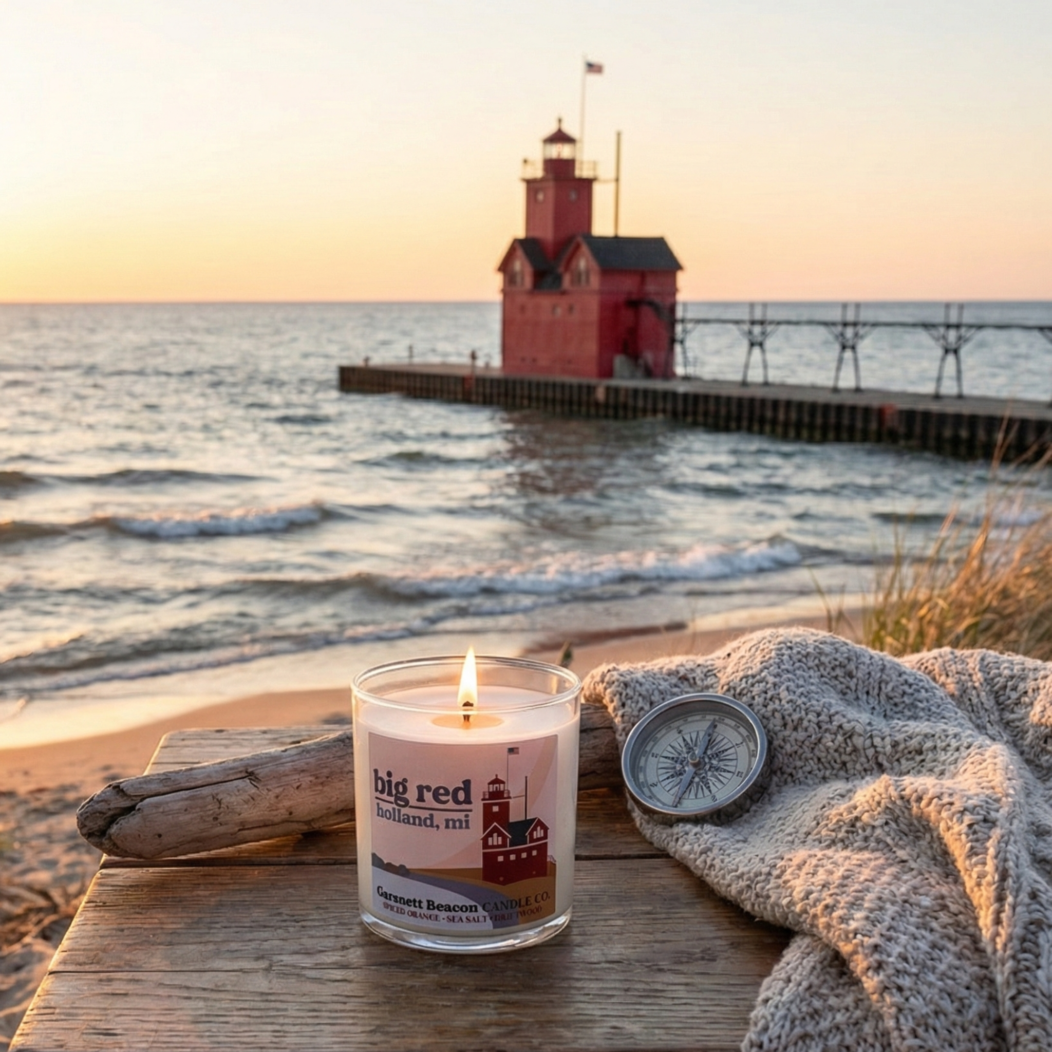 Big Red Lighthouse Holland Michigan Candle - Spiced Orange, Sea Salt, Driftwood Scent