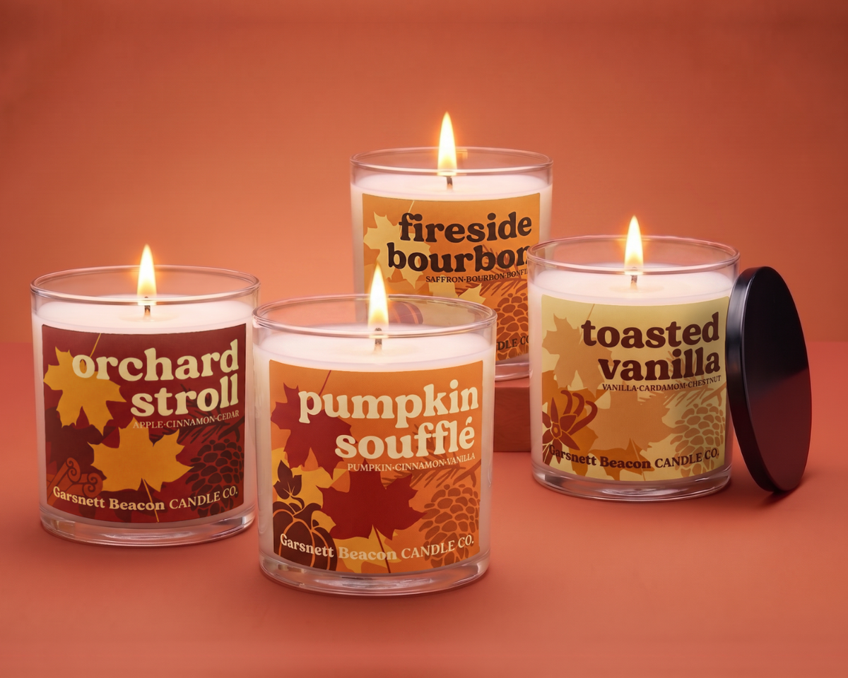 Fall Candle Bundle by Garsnett Beacon, four autumn scented hand-poured soy candles in glass jars