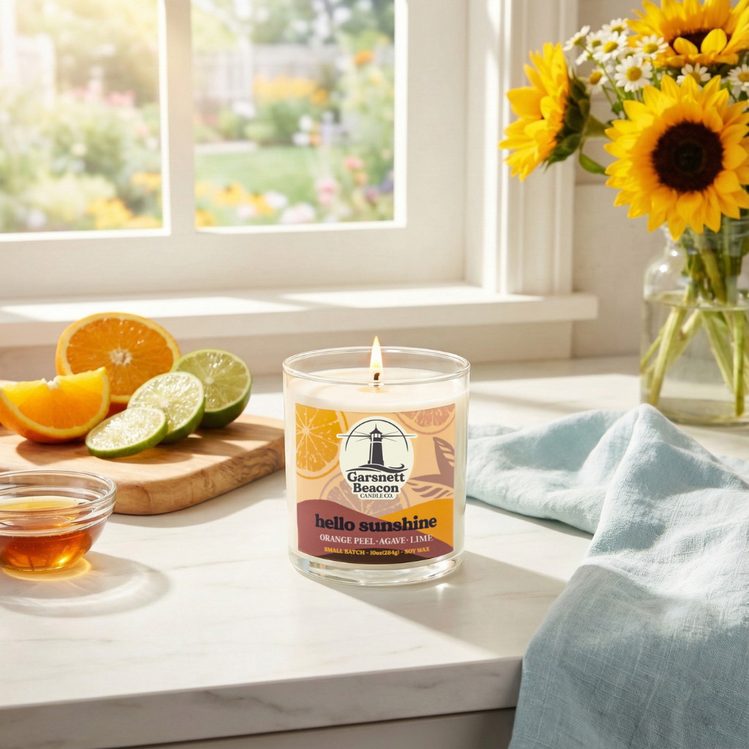 Candle labeled 'hello sunshine' on a windowsill with oranges, limes, and sunflowers.
