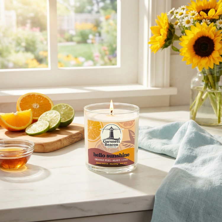 Candle labeled 'hello sunshine' on a windowsill with oranges, limes, and sunflowers.