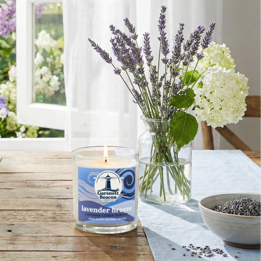 Candle labeled 'Lavender Breeze' on a table with a vase of lavender and flowers in the background.