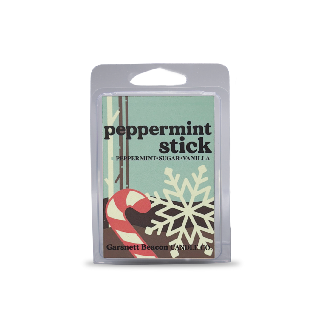 Peppermint stick wax melt packaging with mint leaves, sugar, and candy canes on a light blue background