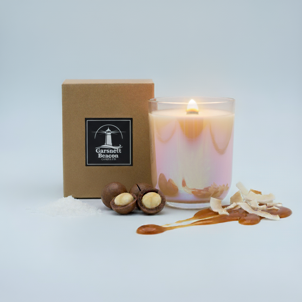 Roasted Macadamia + Golden Caramel Wooden Wick Candle - Sea Salt, Roasted Macadamia, Caramel Scent