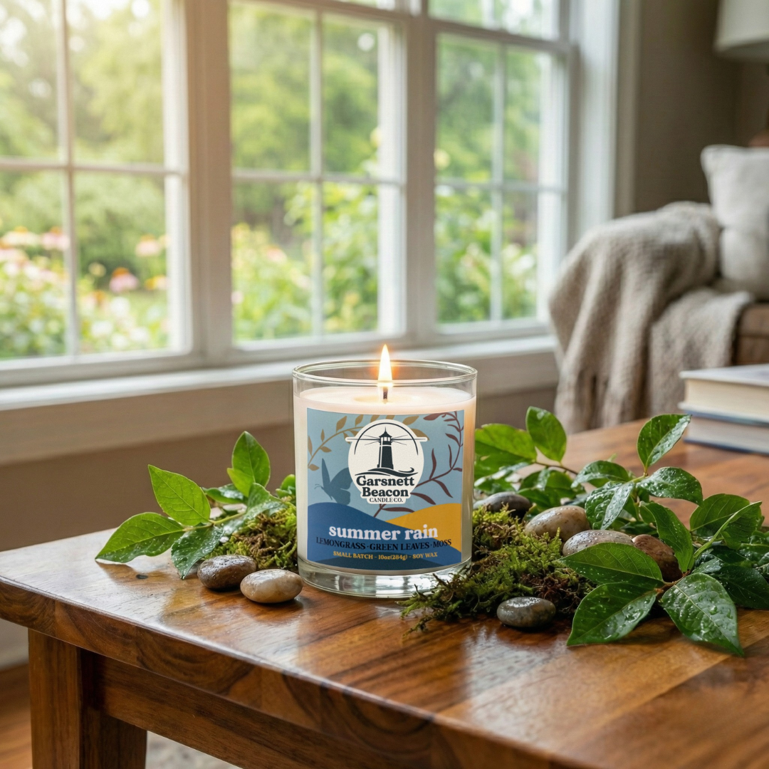Candle labeled 'Summer Rain' on a wooden table with greenery, in a room with a window view.