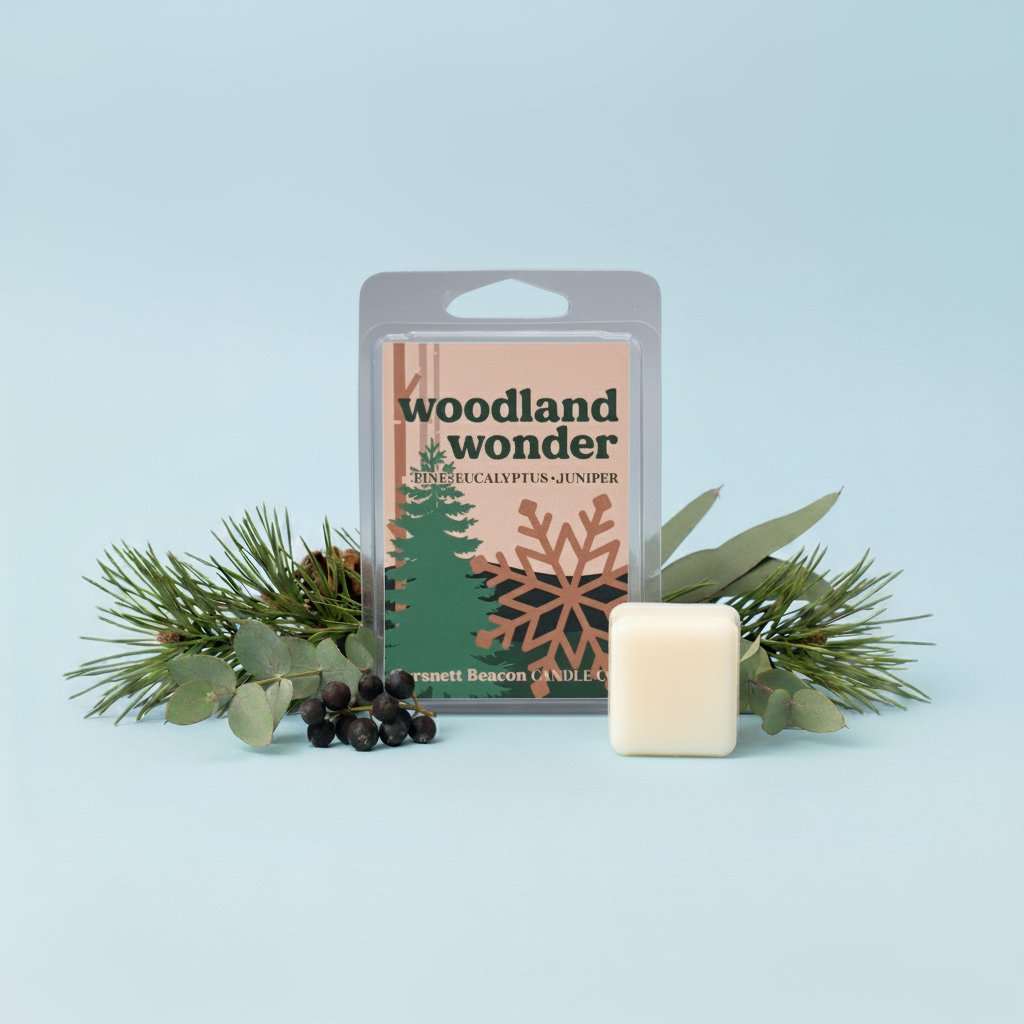 Woodland Wonder wax melt packaging with a white wax melt on a light blue background
