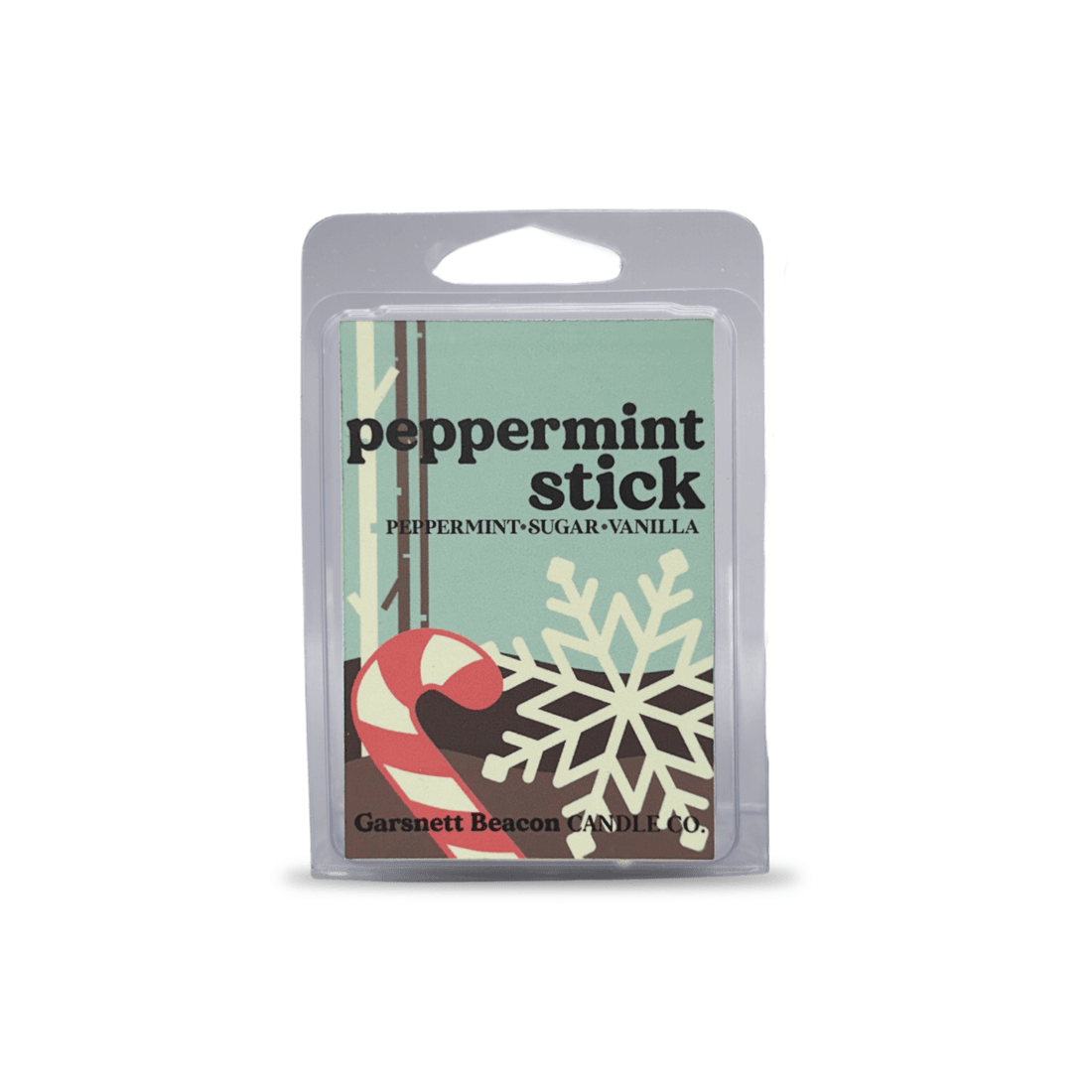 Peppermint stick wax melt packaging with mint leaves, sugar, and candy canes on a light blue background
