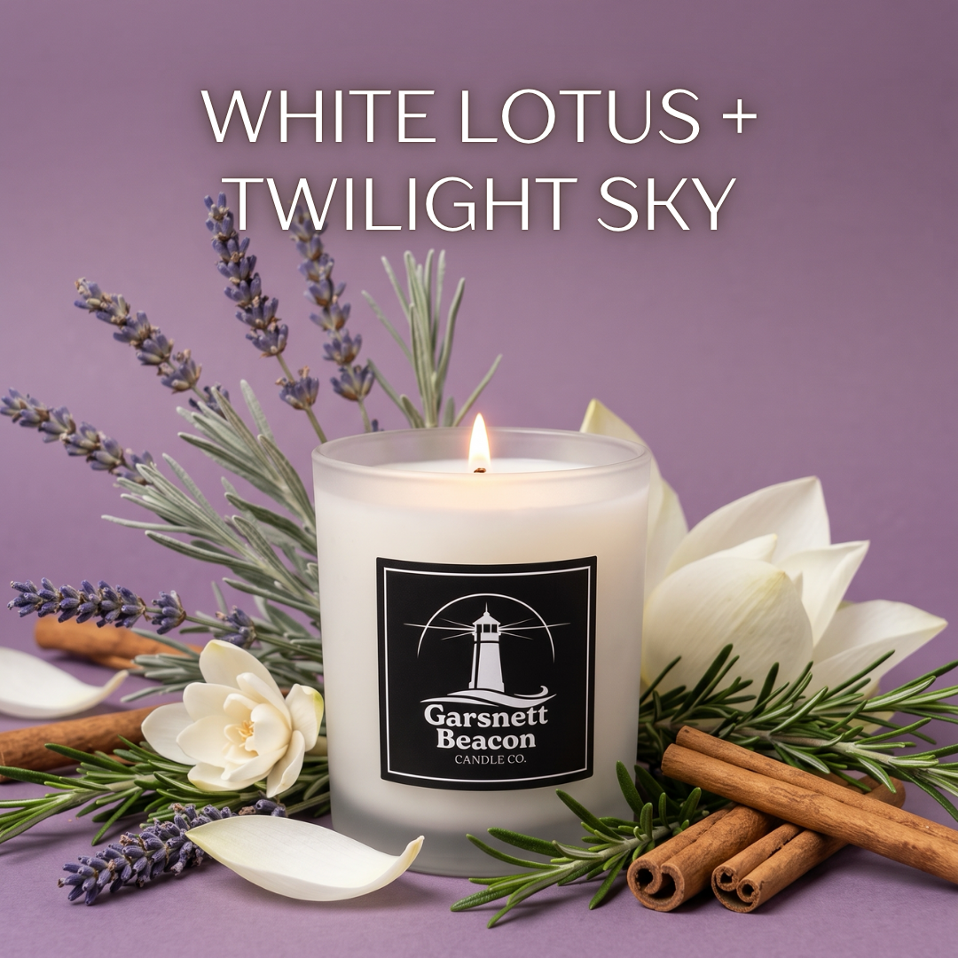White Lotus and Twilight Sky soy candle by Garsnett Beacon, the September Candle of the Month, in a glass jar