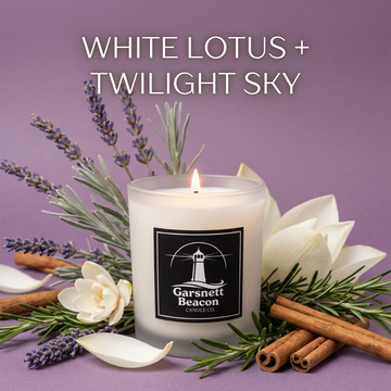 White Lotus and Twilight Sky soy candle by Garsnett Beacon, the September Candle of the Month, in a glass jar