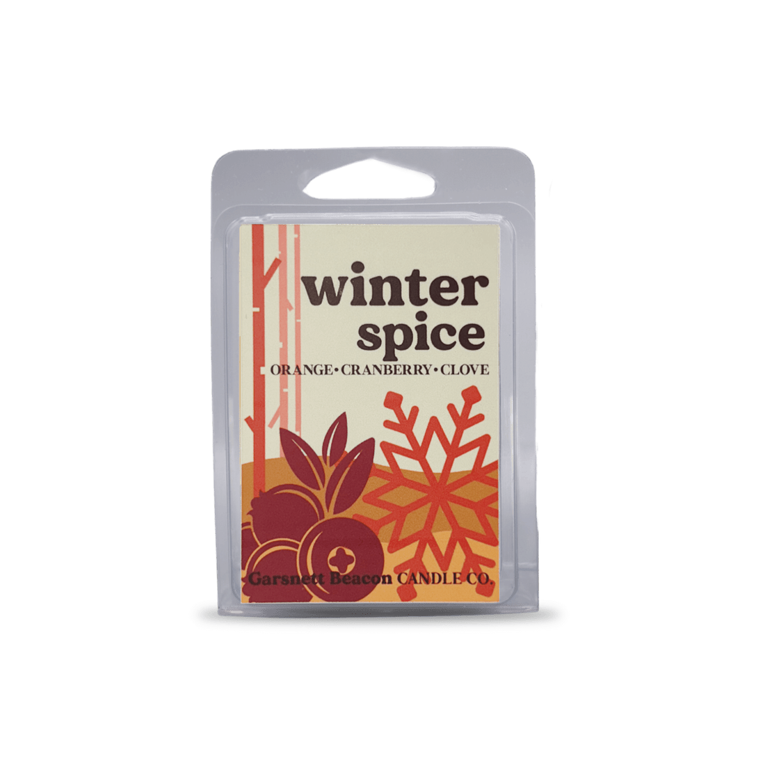 Winter spice wax melt with orange slices, cranberries, and cloves on a light blue background